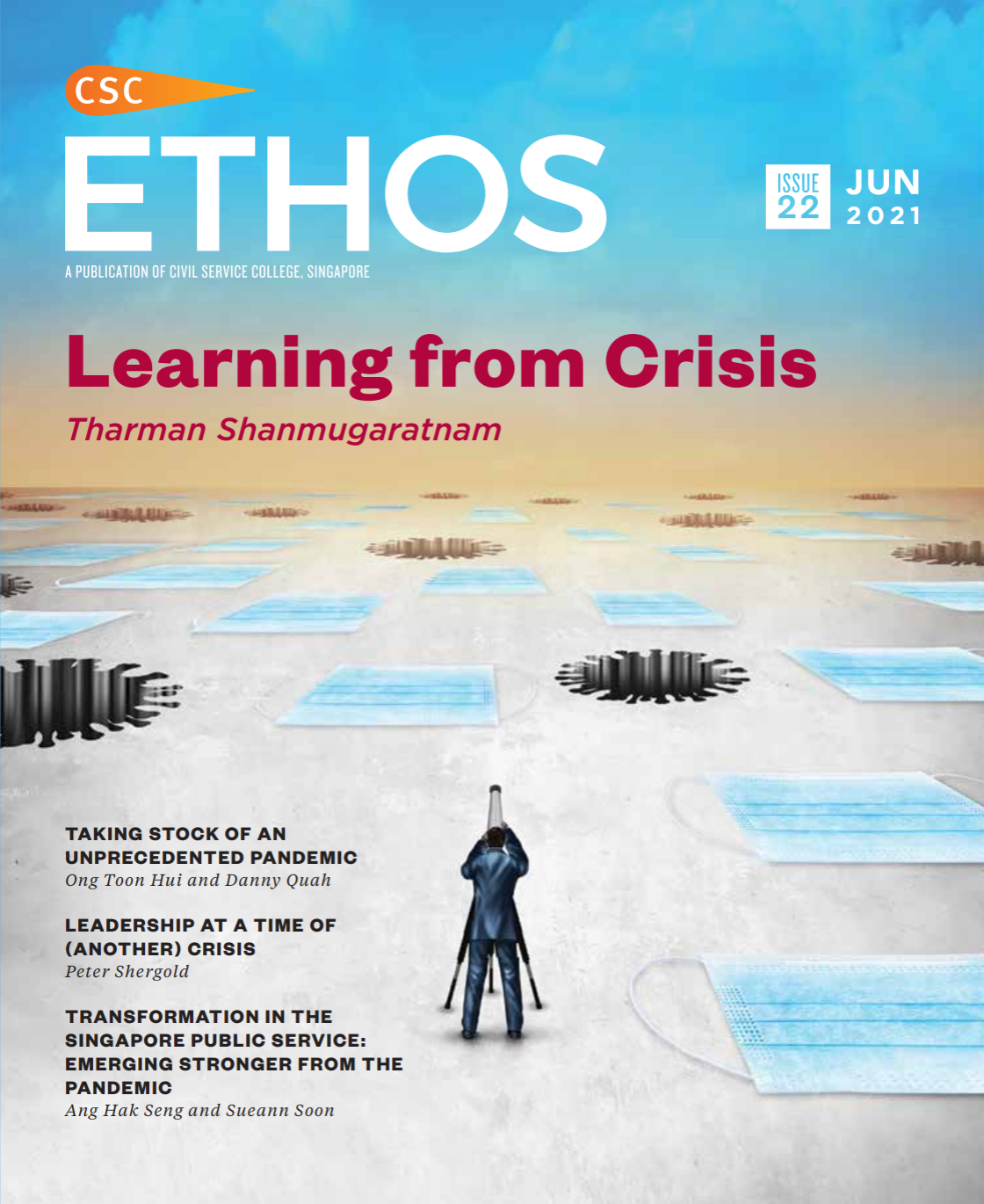 Magazine cover titled "ETHOS" with a feature "Learning from Crisis" and images of face masks and medical vials.